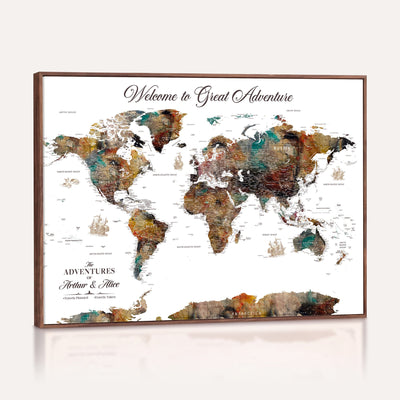 Custom Framed Beige Modern Push Pin World Map Wall Art, Couples Countries Visited Map, Study and Entryway Decor