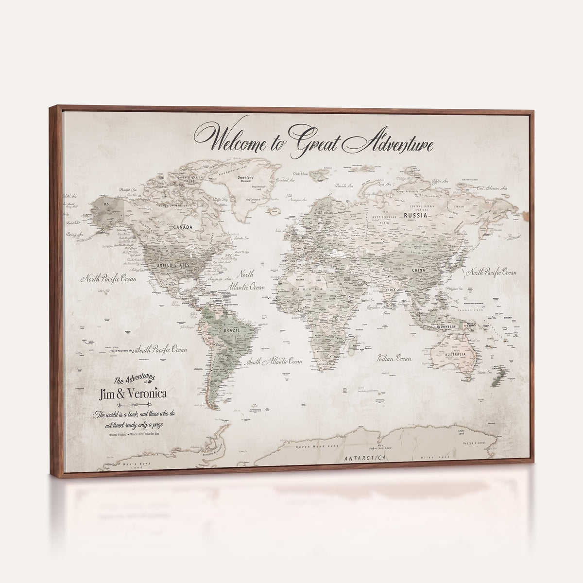 84311132-MGV-CV-36X24 - Personalized Beige World Map Canvas with Push Pins, Places Visited Tracker, Family Room and Entryway Decor