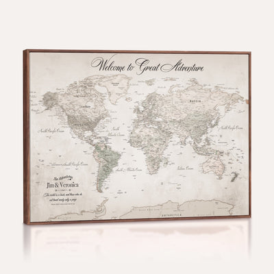 84311132-MGV-CV-36X24 - Personalized Beige World Map Canvas with Push Pins, Places Visited Tracker, Family Room and Entryway Decor