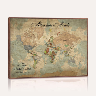 Custom Beige World Travel Map Wall Art with Pins, Bucket List Map, Dining Room and Study Decor