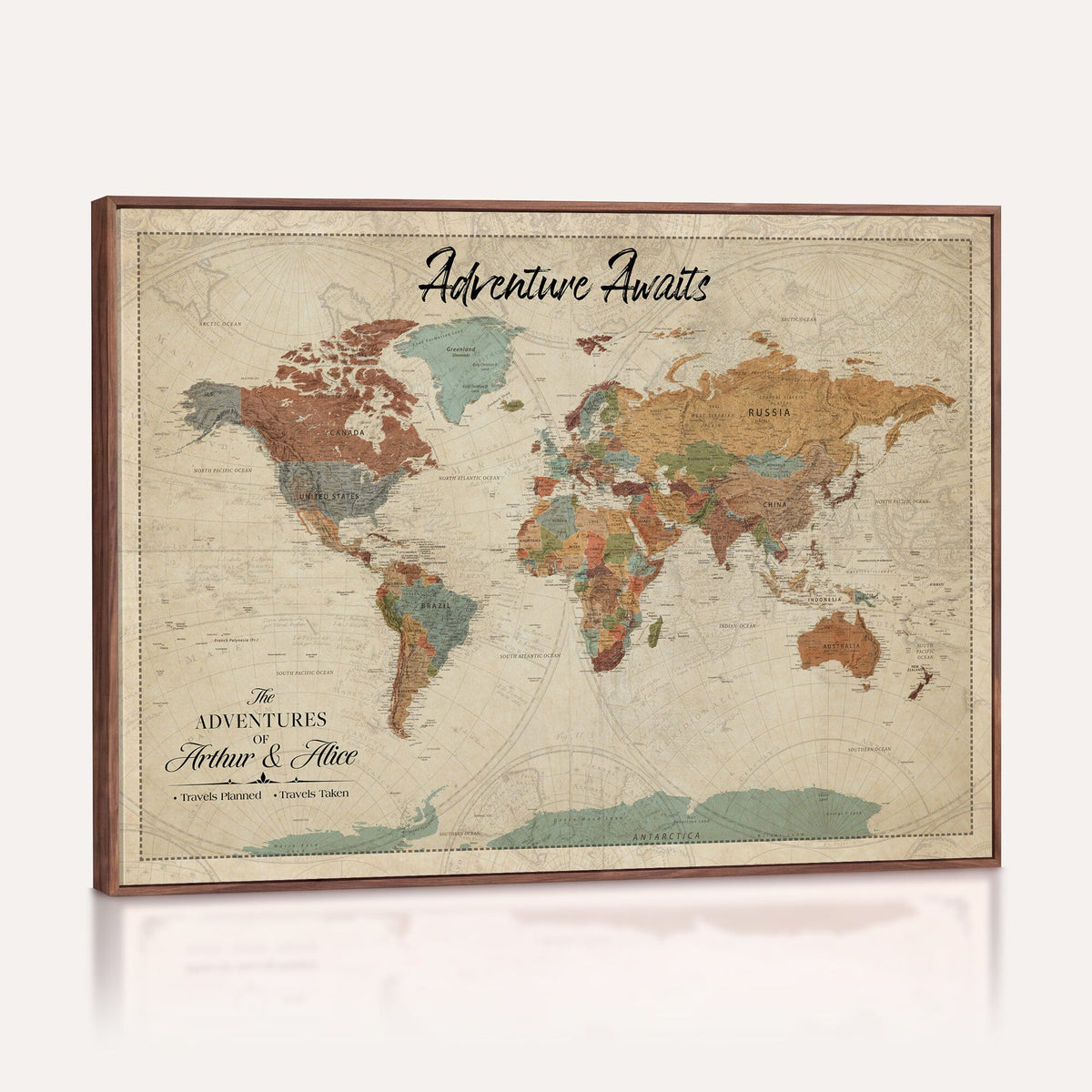 Custom Beige Push Pin World Map Canvas Print, Next Trip Planner Map, Family Room and Study Decor