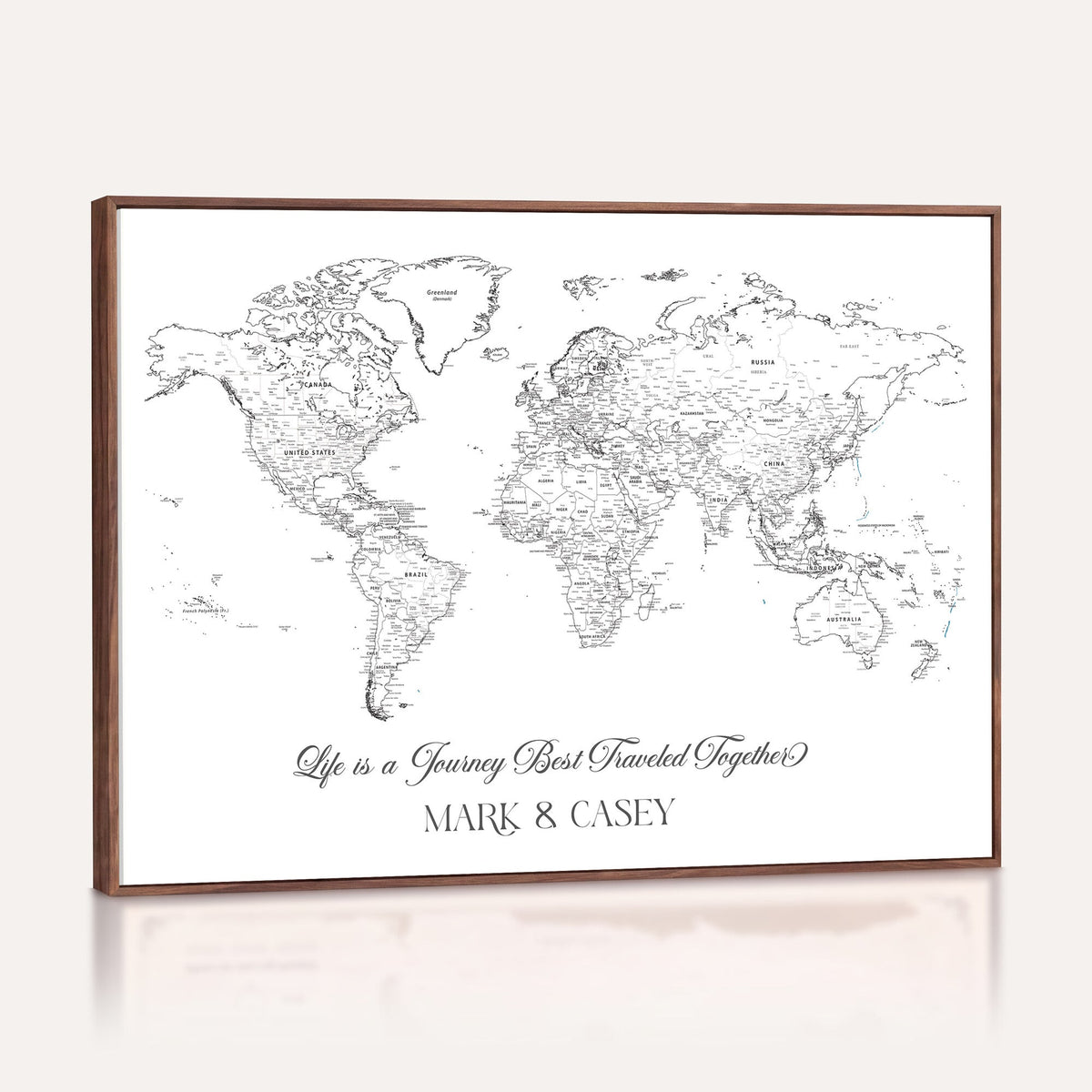 Personalized Framed Beige Modern Push Pin Travel Map Canvas Print, Couples Countries Visited Map, Living Room and Family Room Decor