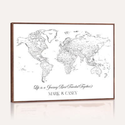 Personalized Framed Beige Modern Push Pin Travel Map Canvas Print, Couples Countries Visited Map, Living Room and Family Room Decor