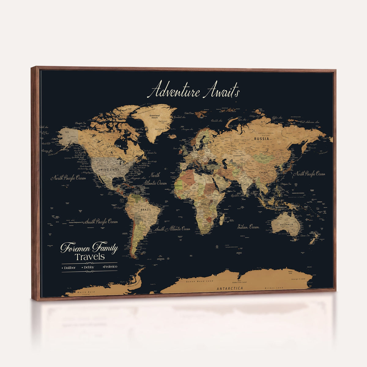 Personalized Framed Beige Geometric Family Push Pin World Map Canvas Print, Next Trip Planner Map, Family Room and Entryway Decor