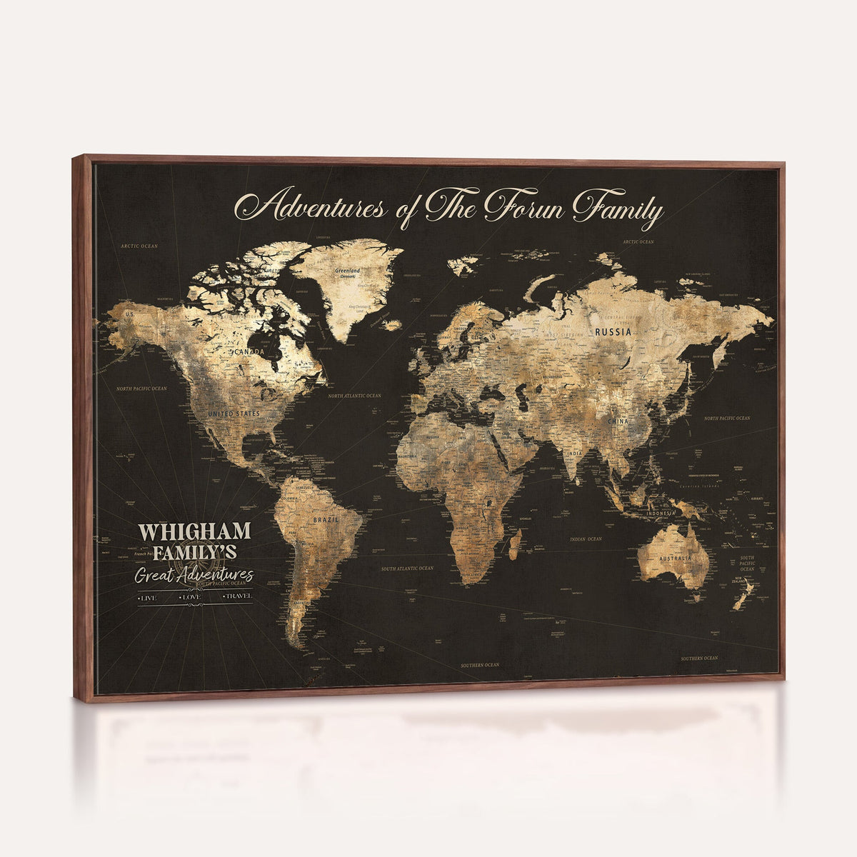 Personalized Framed Beige World Travel Map Wall Art with Pins, Couples Countries Visited Map, Family Room and Dining Room Decor