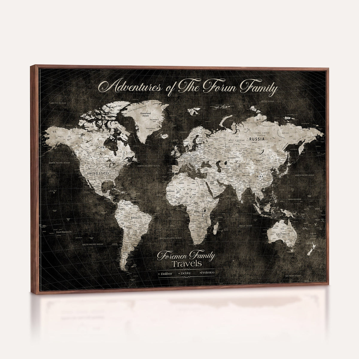 Personalized Framed Beige Push Pin World Map Canvas Print, Couples Countries Visited Map, Dining Room and Study Decor