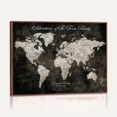 Personalized Framed Beige Push Pin World Map Canvas Print, Couples Countries Visited Map, Dining Room and Study Decor