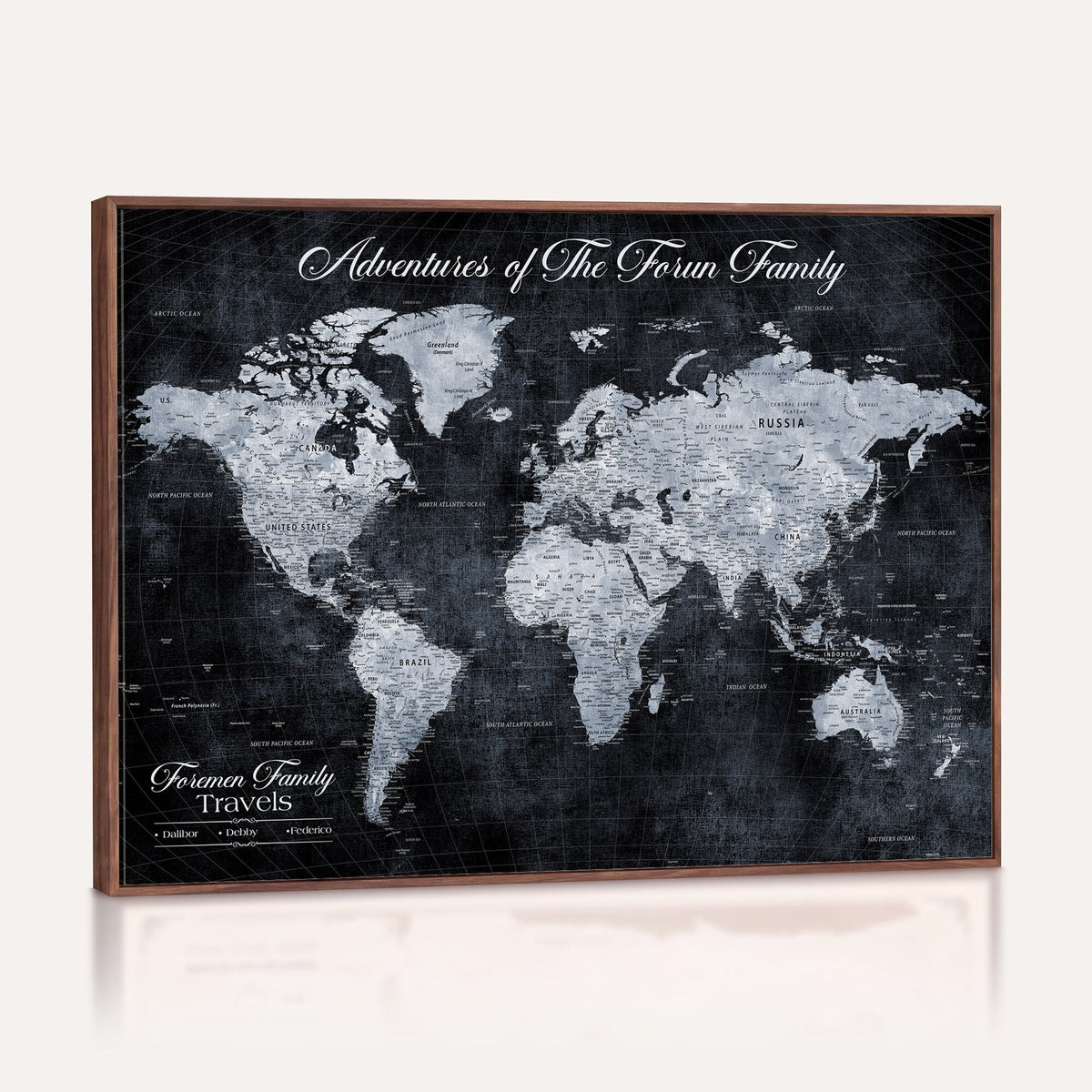 Personalized Framed Beige Modern Push Pin World Map Wall Art, Places Visited Tracker, Family Room and Dining Room Decor