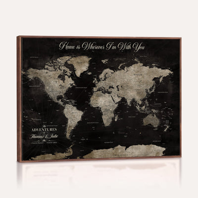 Personalized Framed Black Geometric World Map Canvas with Push Pins, Bucket List Map, Living Room and Dining Room Decor