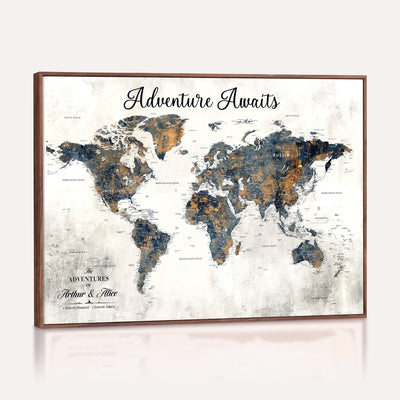 Custom Framed Beige Geometric World Travel Map Wall Art with Pins, Places Visited Tracker, Family Room and Home Office Decor