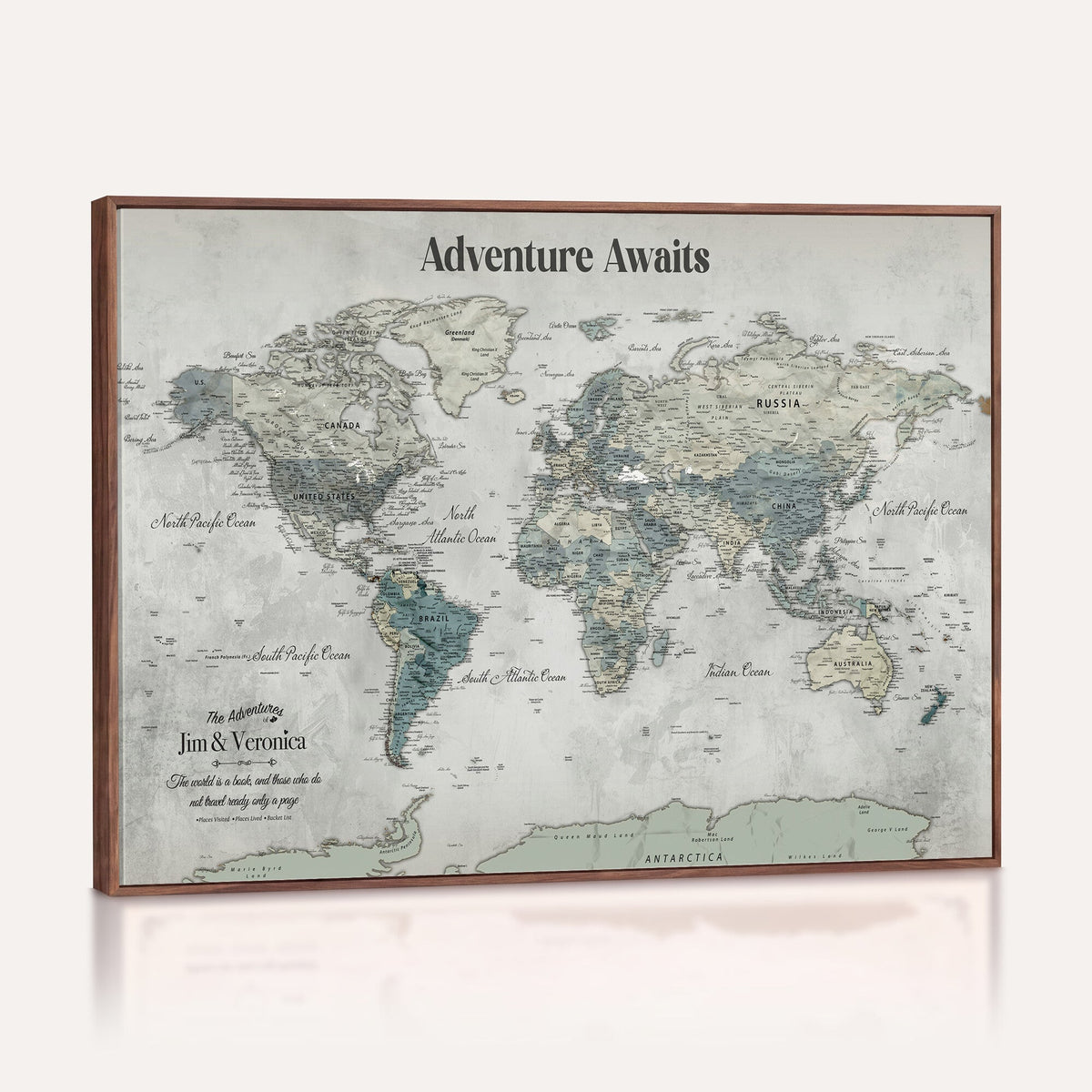 Personalized Framed Beige World Map Canvas with Push Pins, Places Visited Tracker, Bedroom and Entryway Decor