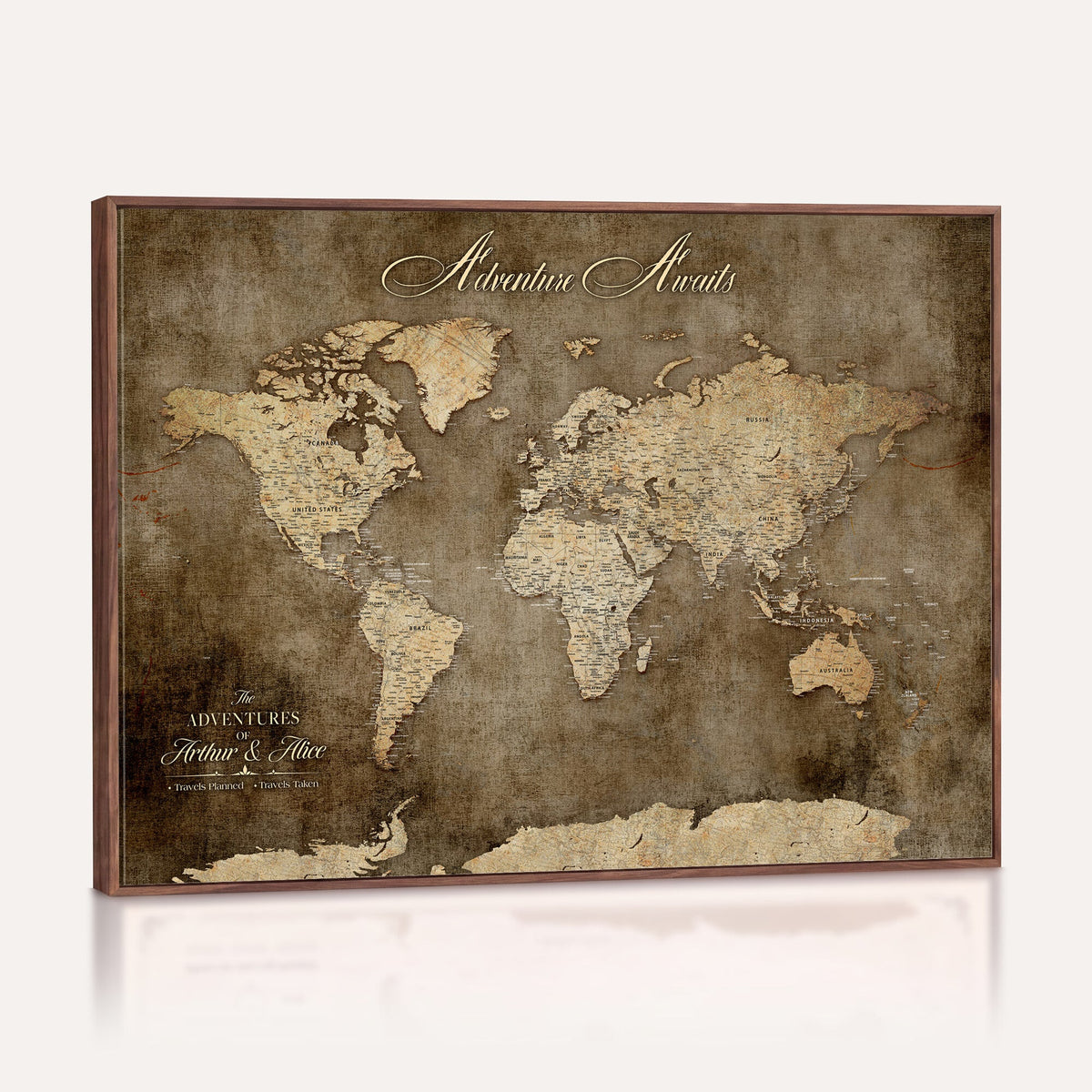 Personalized Framed Beige Push Pin Travel Map Canvas Print, Bucket List Map, Bedroom and Study Decor