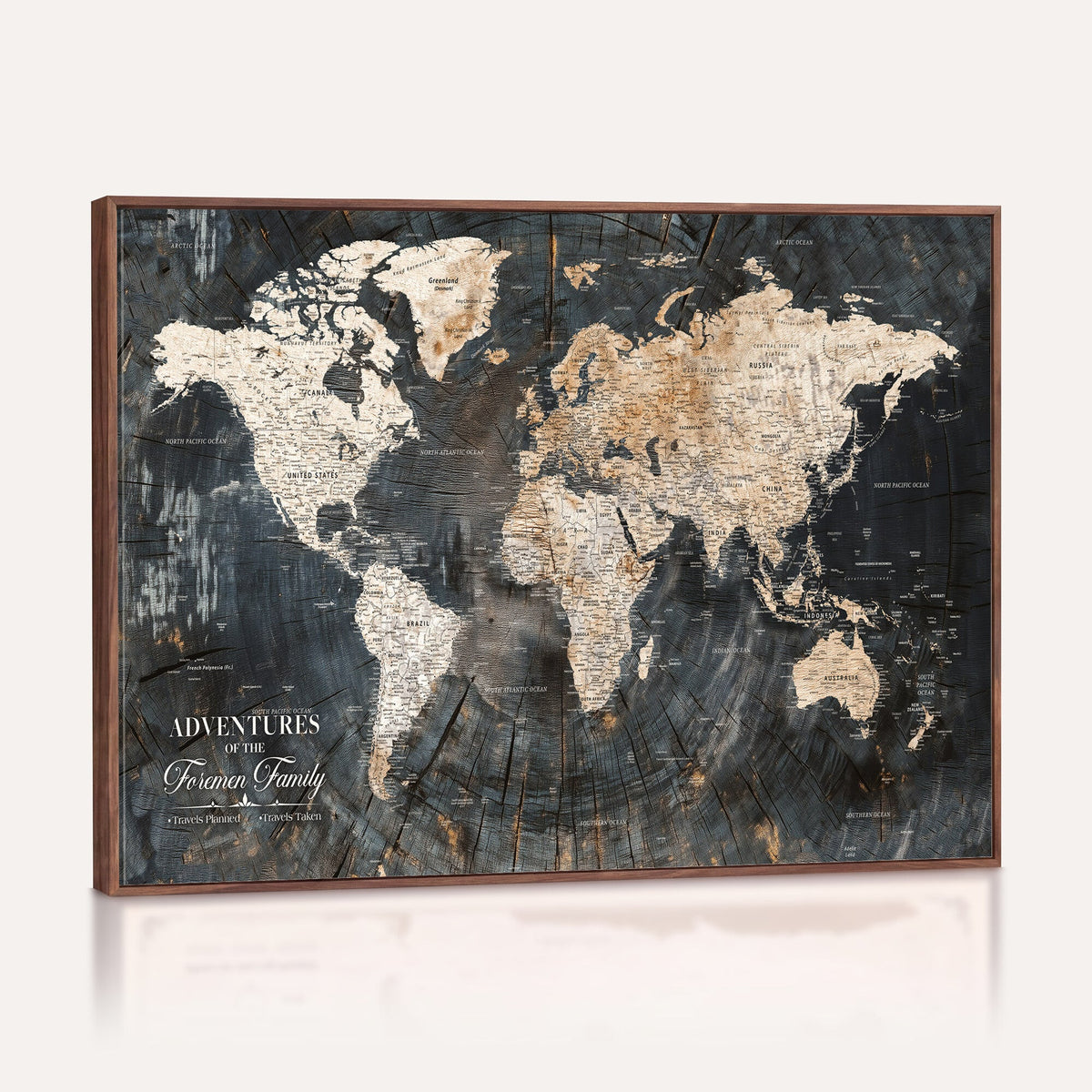 Personalized Framed Beige Push Pin World Map Canvas Print, Bucket List Map, Living Room and Hallway Decor