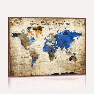 Personalized Framed Beige World Map Canvas with Push Pins, Honeymoon and Anniversary Gift, Living Room and Home Office Decor