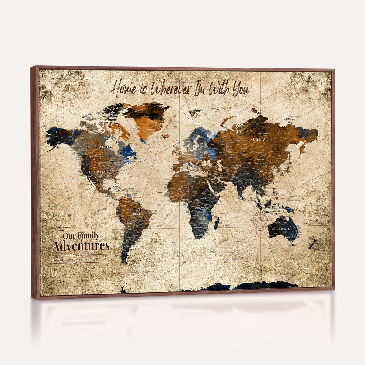 Personalized Framed Beige Modern Push Pin World Map Canvas Print, Bucket List Map, Home Office and Study Decor
