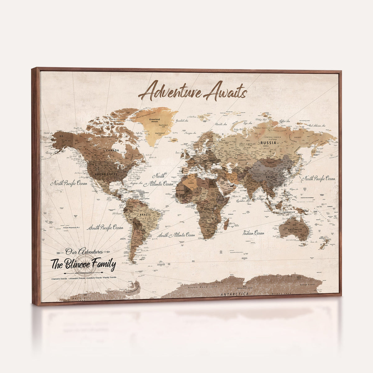 Personalized Framed White Modern Push Pin Travel Map Canvas Print, Bucket List Map, Dining Room and Study Decor