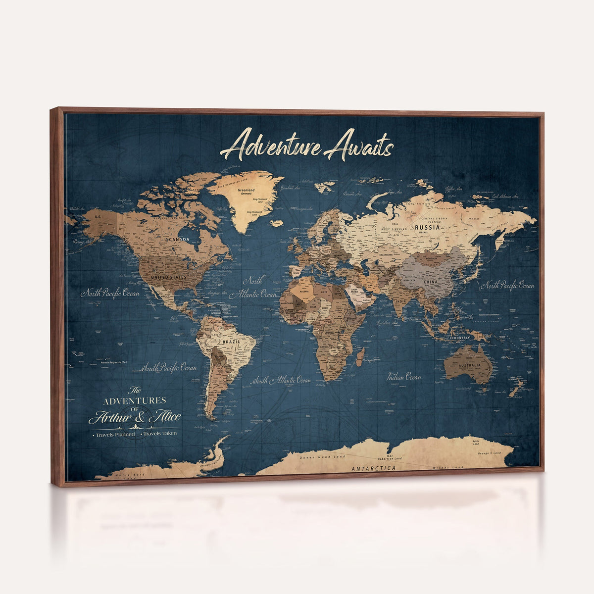 Personalized White Vintage World Travel Map Wall Art with Pins, Next Trip Planner Map, Family Room and Dining Room Decor
