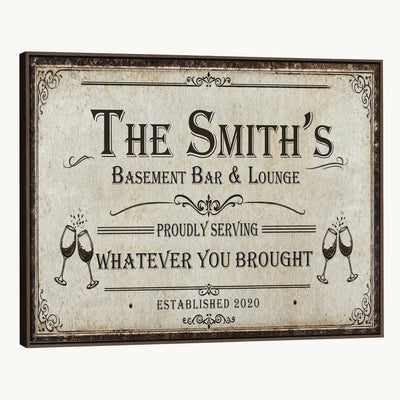Custom Basement Bar & Lounge Sign Canvas, Personalized Family Name Art