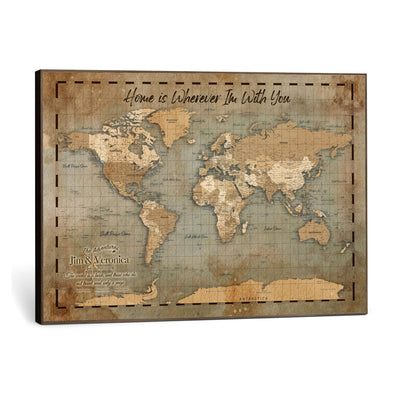 97123877-MGV-CV-36X24 - Vintage Custom Push Pin World Map Print - Vintage Travel Map Canvas, Personalized Names Anniversary Gift, Places Visited Pin Board