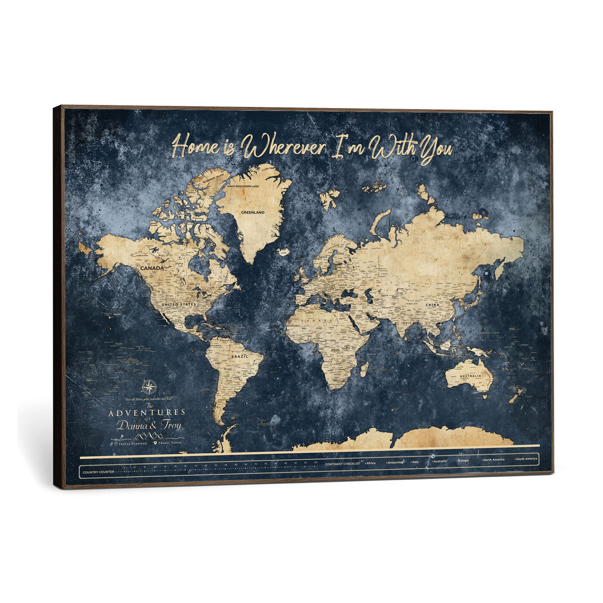 400867BL-MGV-CV-36X24 - Framed Blue Custom Push Pin World Map Canvas Print | Personalized Travel Map Wall Art
