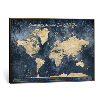 400867BL-MGV-CV-36X24 - Framed Blue Custom Push Pin World Map Canvas Print | Personalized Travel Map Wall Art