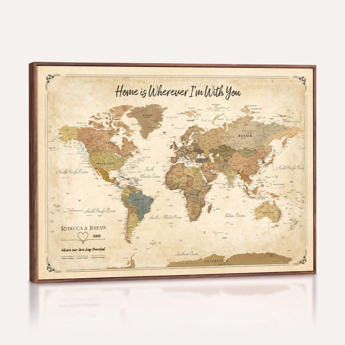 40086165-MGV-TP-30X20 - Framed Vintage Custom Push Pin World Map Canvas Print | Personalized Travel Map Wall Art