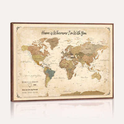 40086165-MGV-TP-30X20 - Framed Vintage Custom Push Pin World Map Canvas Print | Personalized Travel Map Wall Art