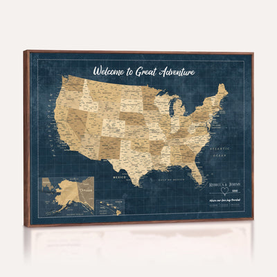 58851035-MGV-CV-36X24 - Custom Cream Push Pin USA Map Canvas Print, 50 State Bucket List Map, Family Room and Hallway Decor