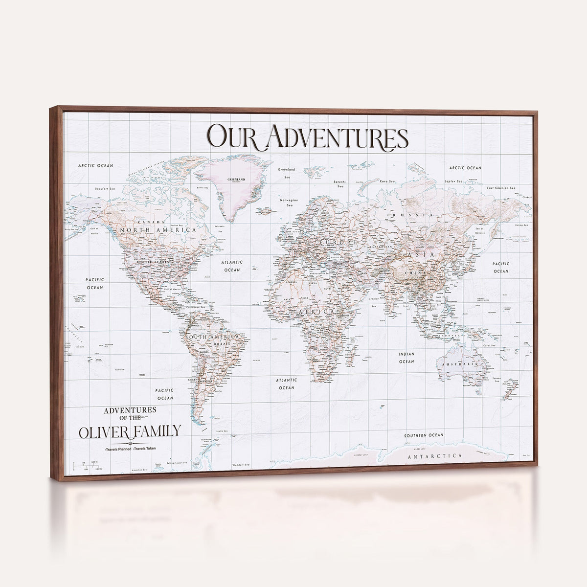 18074626D3DD-MGV-CV-36X24 - Extra Large Framed Personalized Push Pin World Map Wall Art Canvas Print for Travel Tracking