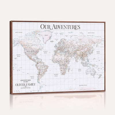 18074626D3DD-MGV-CV-36X24 - Extra Large Framed Personalized Push Pin World Map Wall Art Canvas Print for Travel Tracking