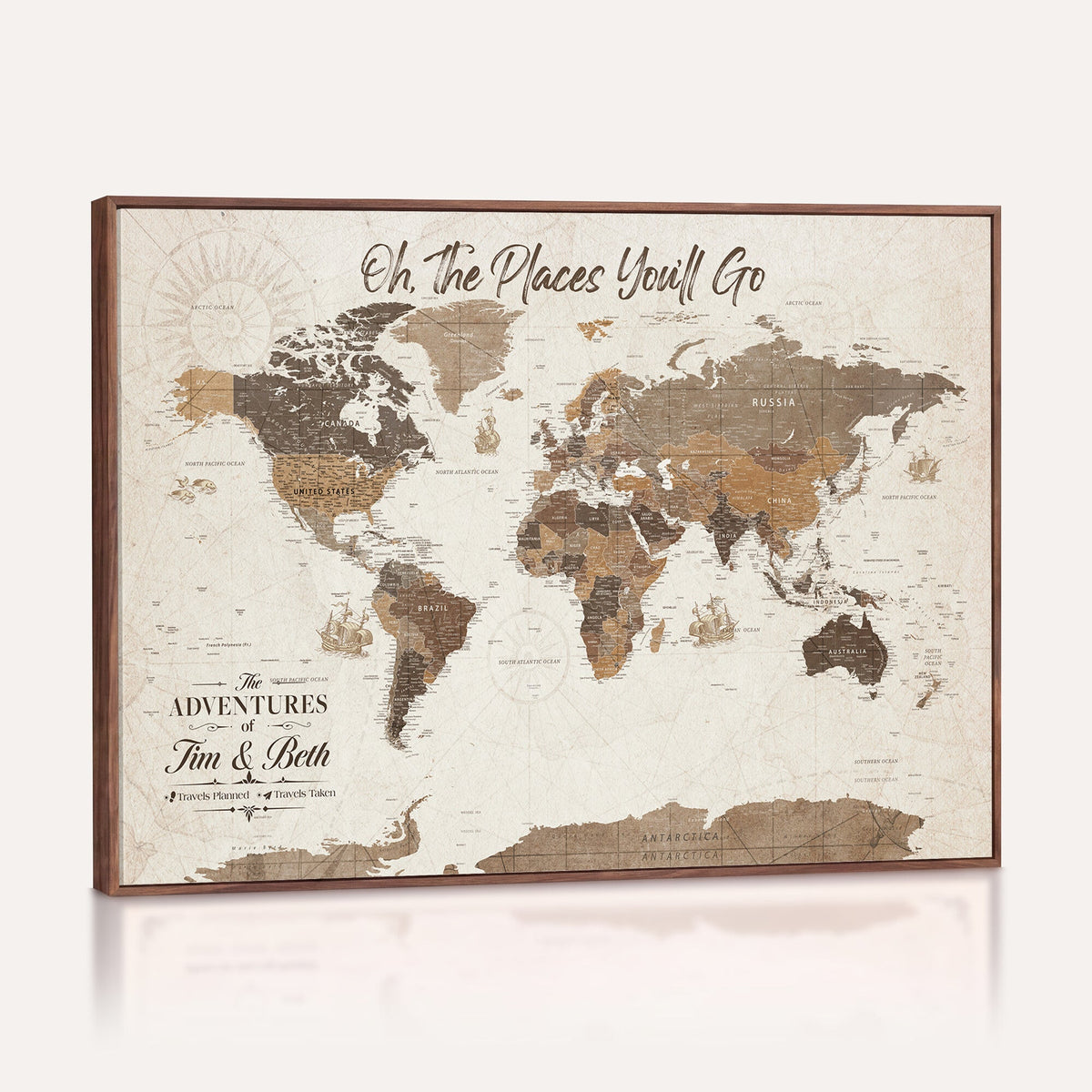 Personalized Beige Geometric Family Push Pin World Map Canvas Print, Honeymoon and Anniversary Gift, Living Room and Study Decor
