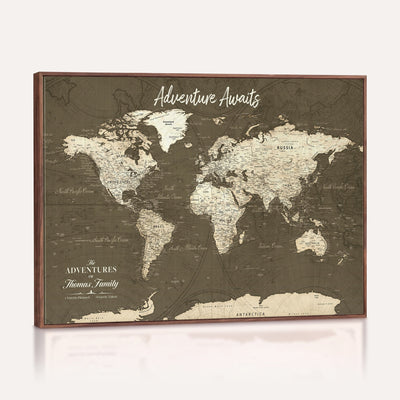 Personalized White Modern World Travel Map Wall Art with Pins, Honeymoon and Anniversary Gift, Living Room and Dining Room Decor