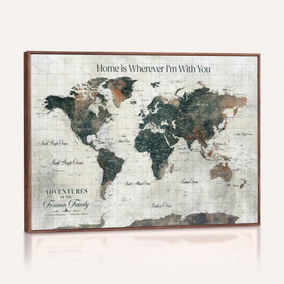 Personalized Framed Beige Push Pin Travel Map Canvas Print, Family Travel Tracker, Home Office and Hallway Decor