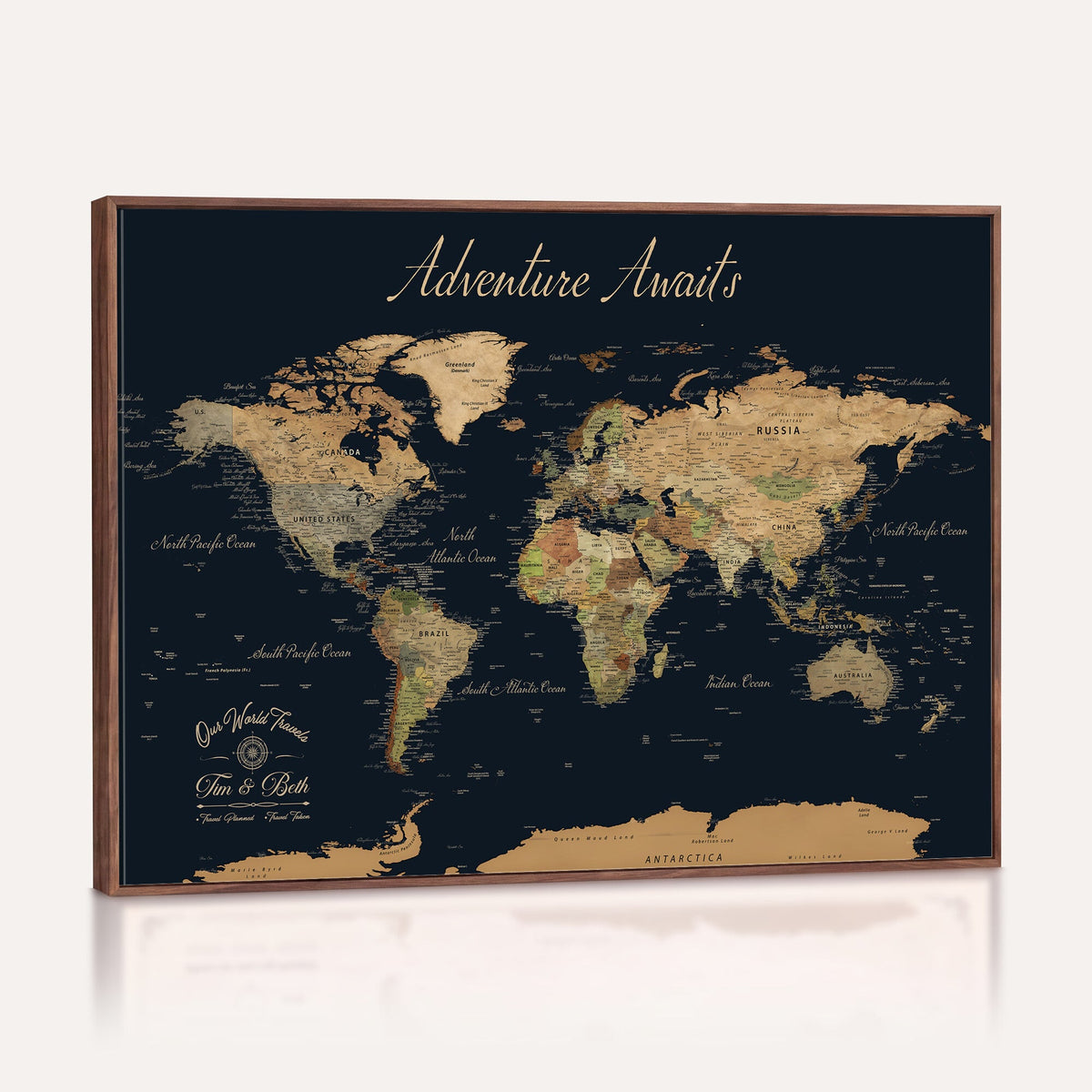 Custom Beige Push Pin World Map Wall Art, Family Travel Tracker, Home Office and Study Decor