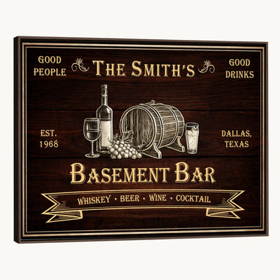 Custom Basement Bar Sign Canvas, Personalized Family Home Bar Wall Art