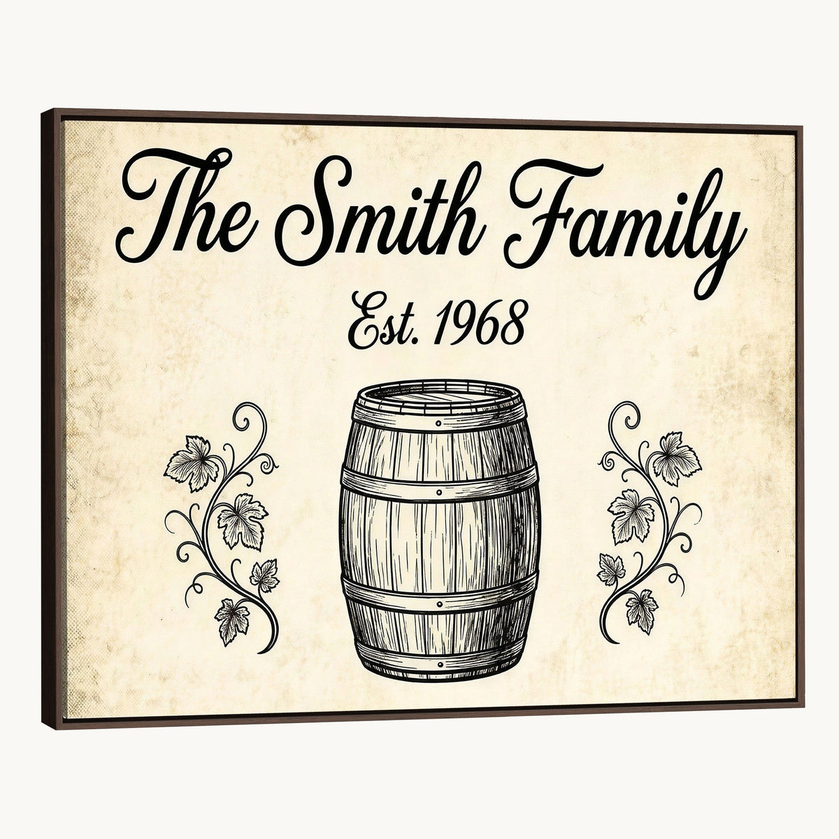 Family name sign with grapevine leaves and wine barrel sketch