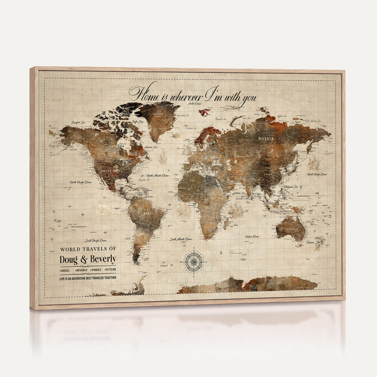 Large Custom Framed Beige Vintage World Travel Map Wall Art with Pins, Couples Countries Visited Map, Living Room and Hallway Decor