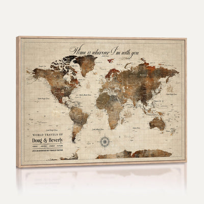 Large Custom Framed Beige Vintage World Travel Map Wall Art with Pins, Couples Countries Visited Map, Living Room and Hallway Decor