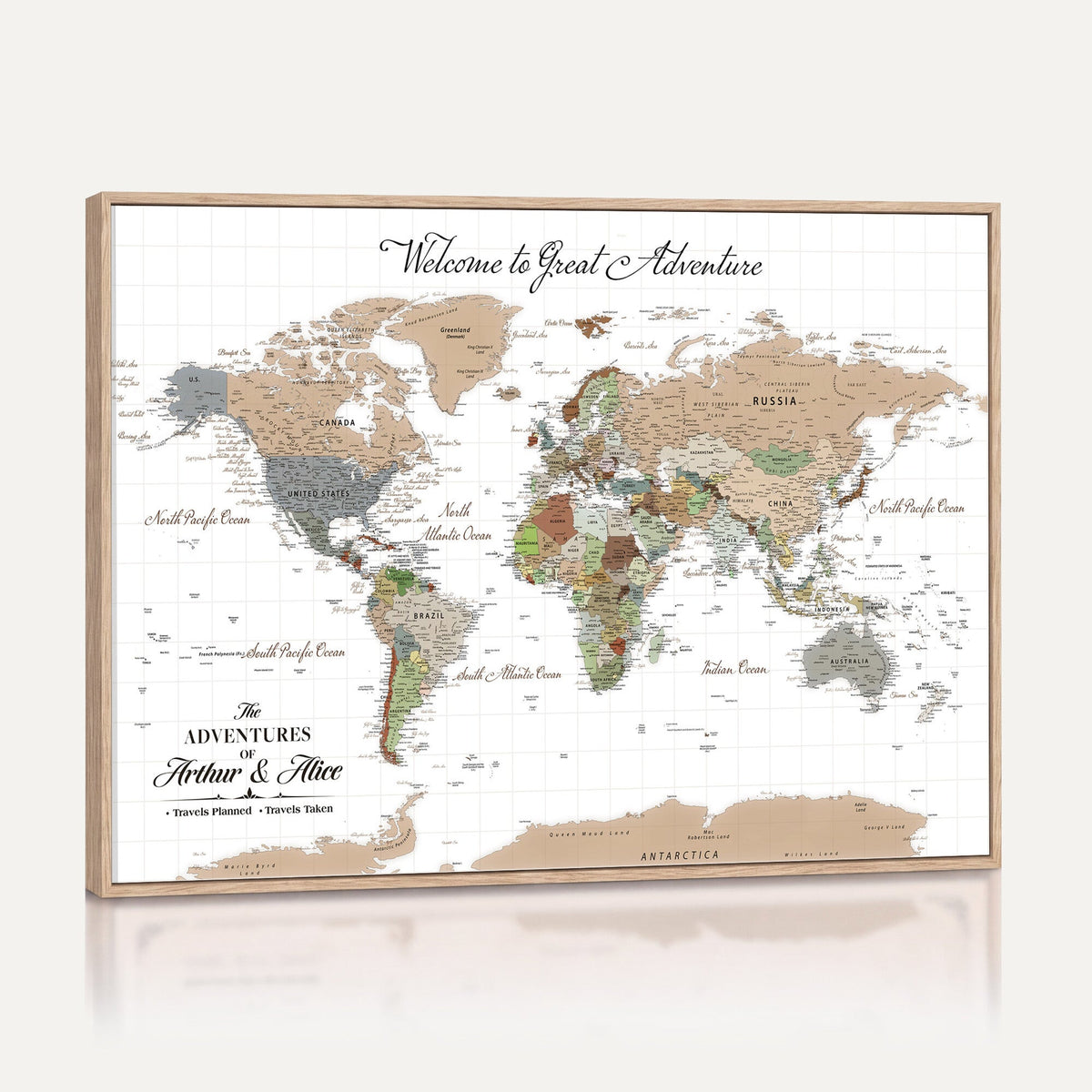 85396539-MGV-CV-36X24 - Custom Beige Push Pin World Map Wall Art, Bucket List Map, Study and Hallway Decor