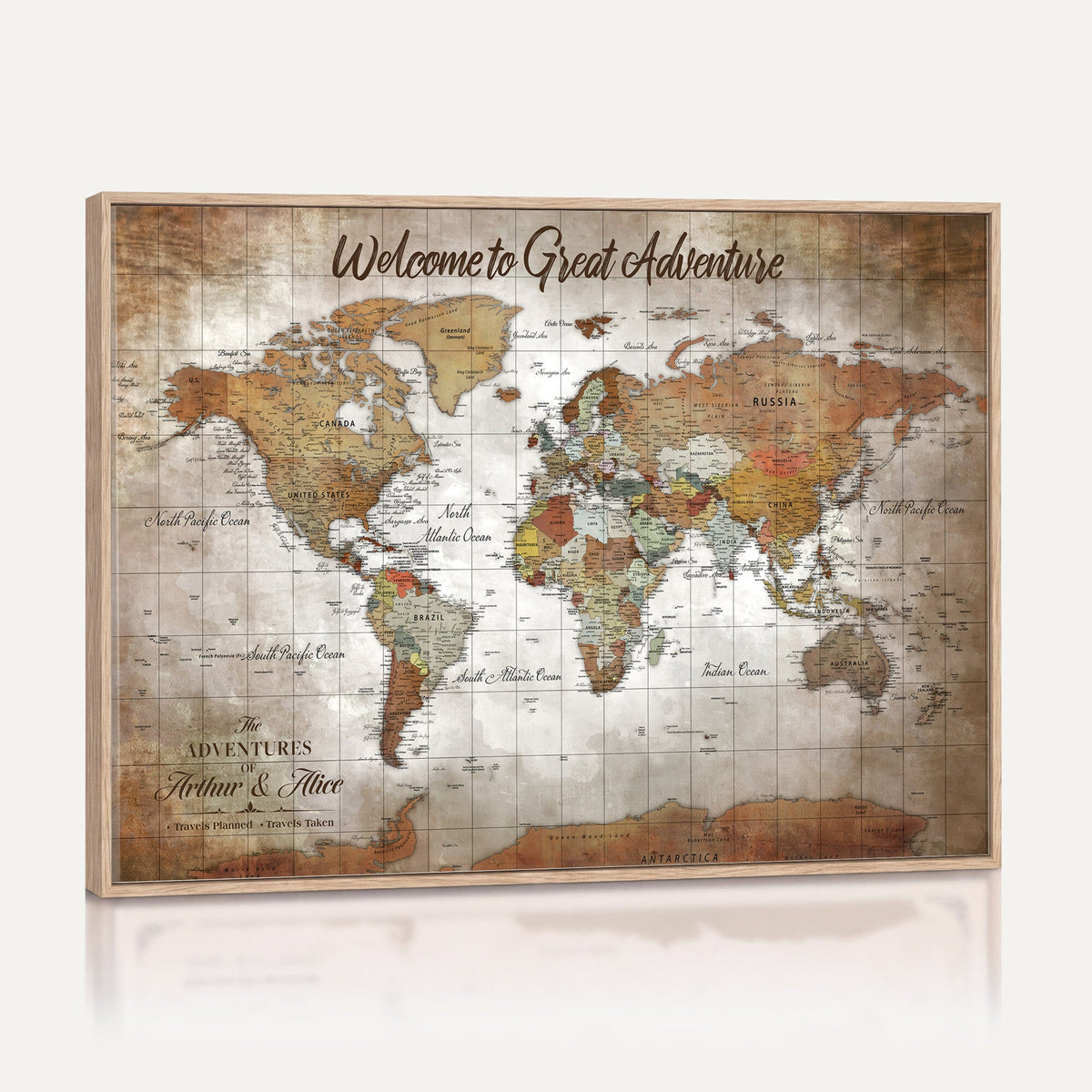 94821994-MGV-CV-36X24 - Personalized Beige Vintage Push Pin Travel Map Canvas Print, Honeymoon and Anniversary Gift, Dining Room and Study Decor