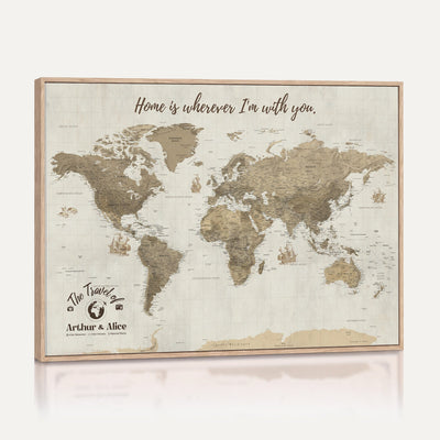 Custom Beige Geometric World Map Canvas with Push Pins, Honeymoon and Anniversary Gift, Dining Room and Hallway Decor