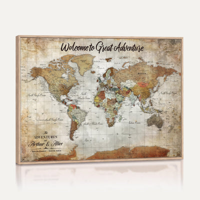 Personalized Beige Push Pin World Map Wall Art, Bucket List Map, Living Room and Family Room Decor