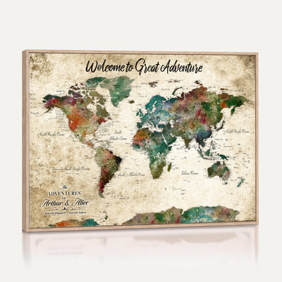 Personalized Beige Grunge World Map Canvas with Push Pins, Next Trip Planner Map, Family Room and Home Office Decor