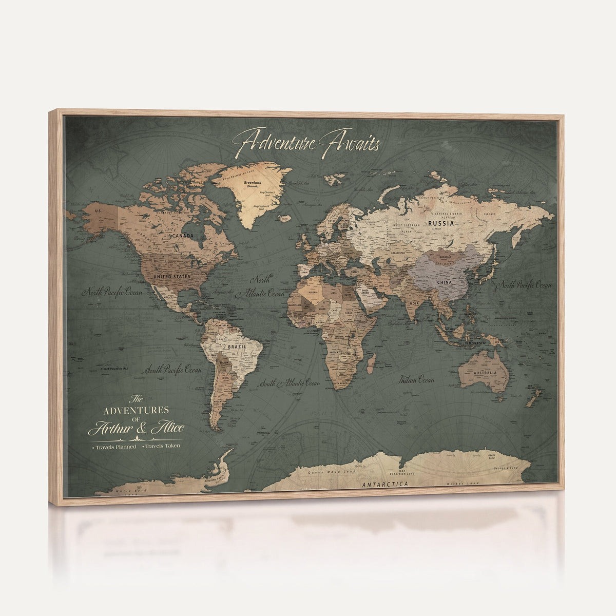 Personalized Framed Beige Modern World Map Canvas with Push Pins, Bucket List Map, Family Room and Dining Room Decor