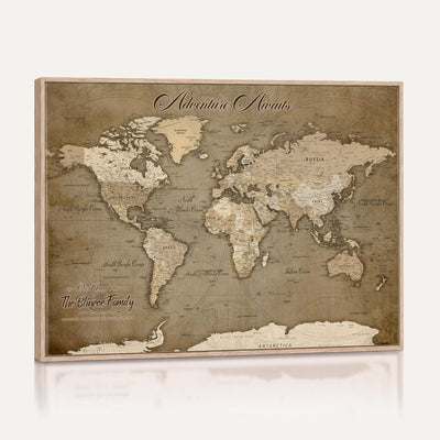 Custom Beige Modern Push Pin World Map Canvas Print, Family Travel Tracker, Dining Room and Home Office Decor
