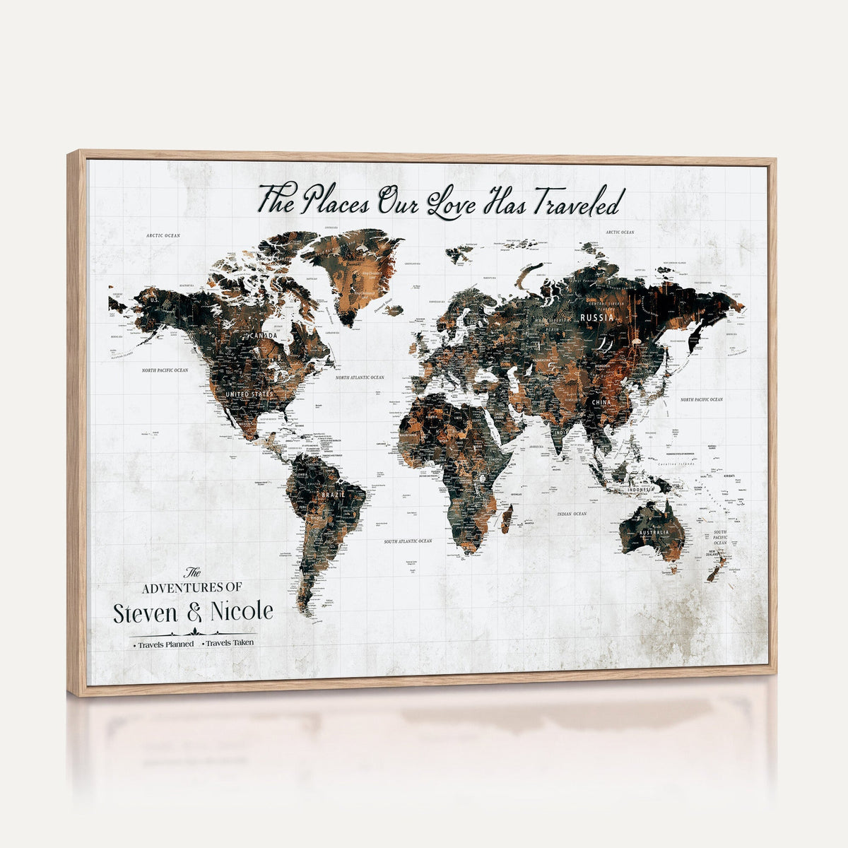 Personalized Beige Push Pin World Map Canvas Print, Honeymoon and Anniversary Gift, Living Room and Dining Room Decor