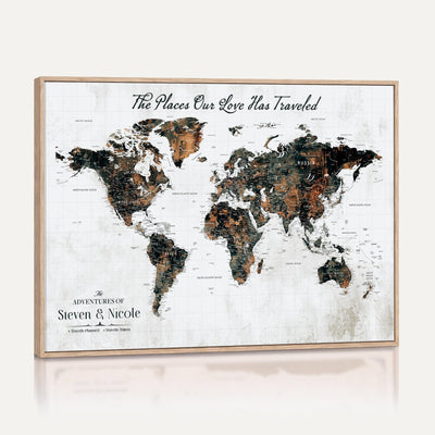 Personalized Beige Push Pin World Map Canvas Print, Honeymoon and Anniversary Gift, Living Room and Dining Room Decor