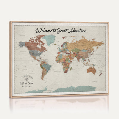 Custom Beige Push Pin World Map Canvas Print, Bucket List Map, Dining Room and Home Office Decor