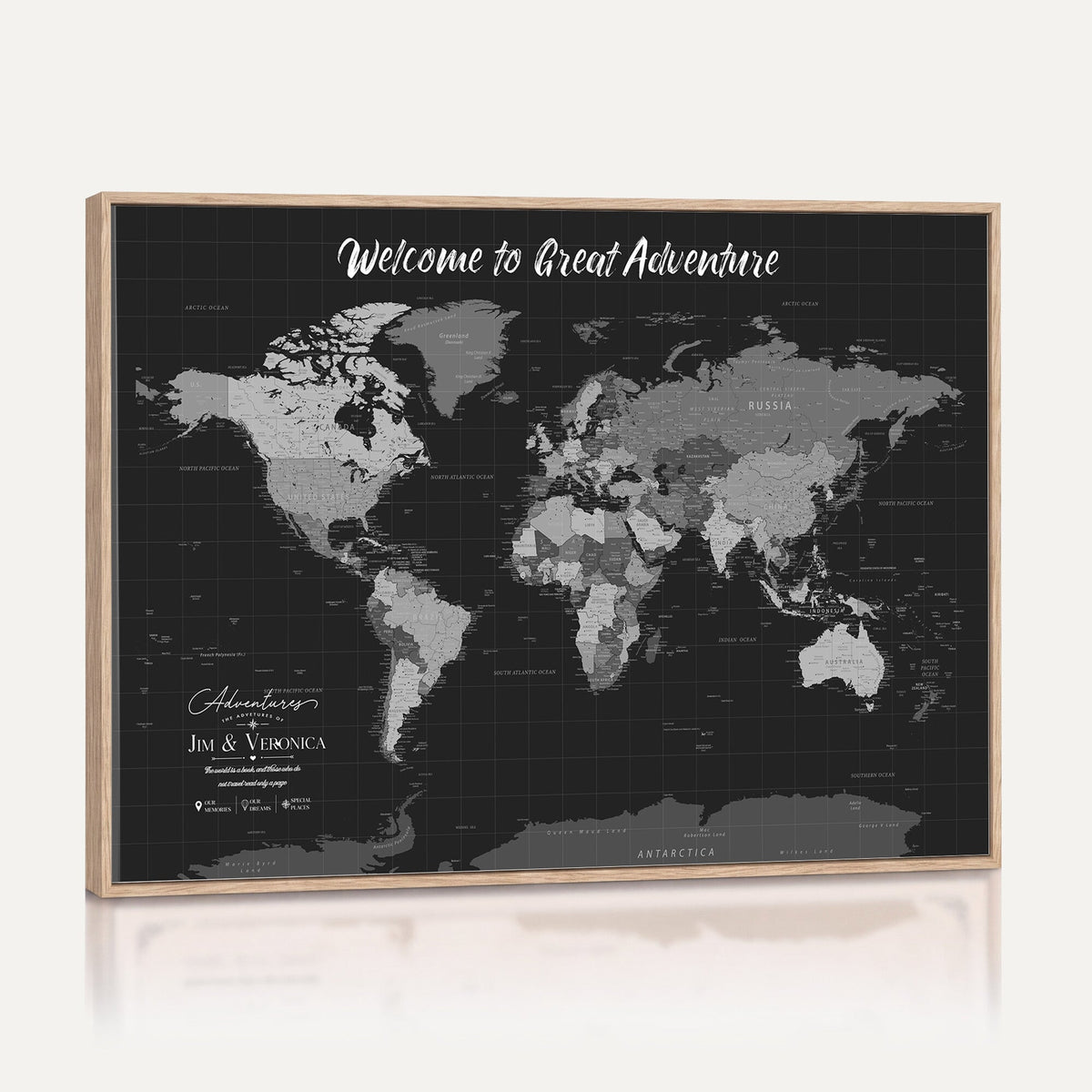 Custom Framed Navy Vintage World Map Canvas with Push Pins, Next Trip Planner Map, Entryway and Hallway Decor