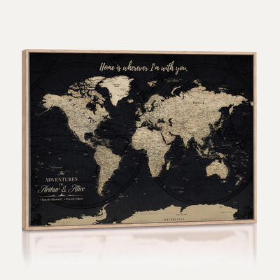 Personalized Framed Beige Modern Push Pin World Map Canvas Print, Places Visited Tracker, Family Room and Bedroom Decor